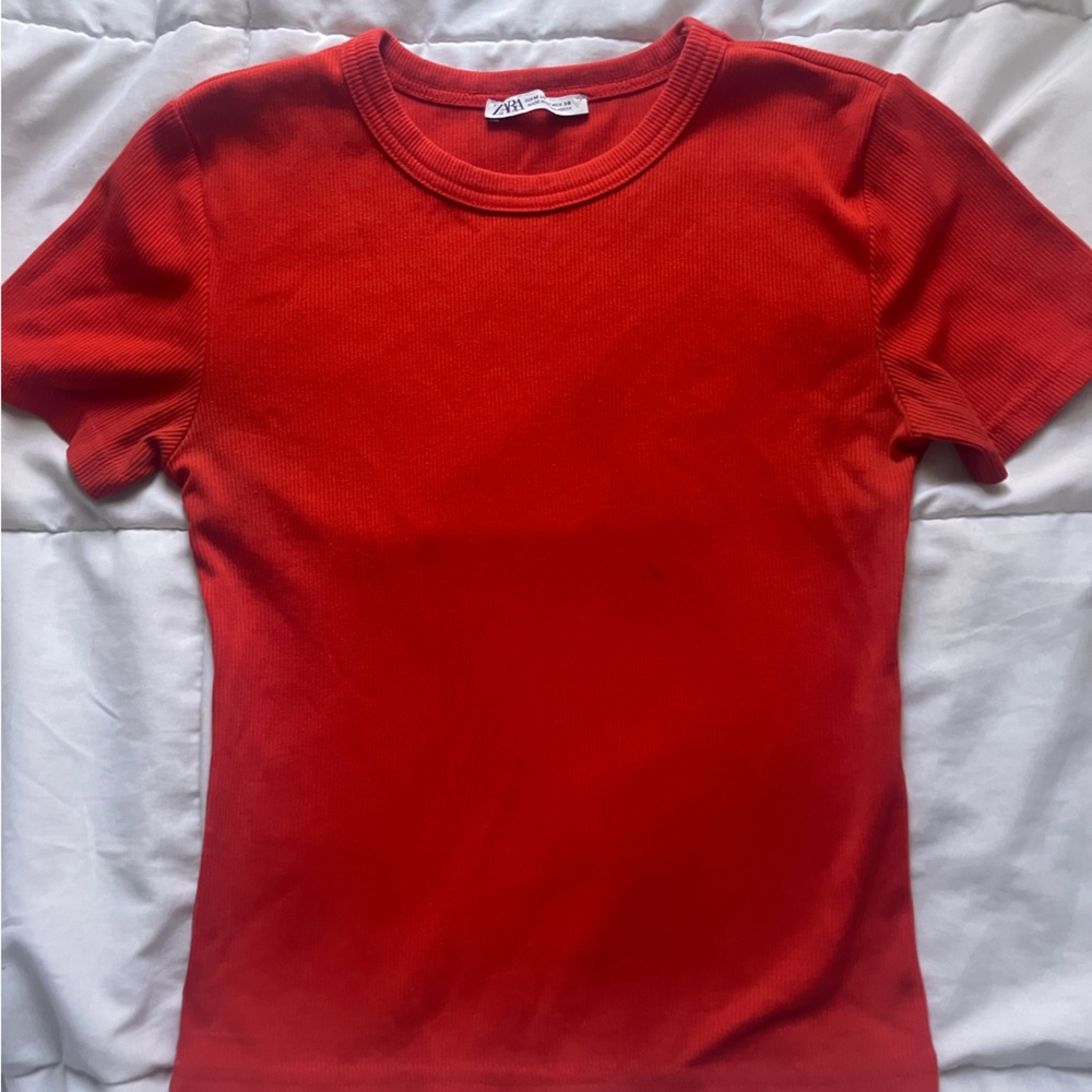 zara red short sleeve fitted tee